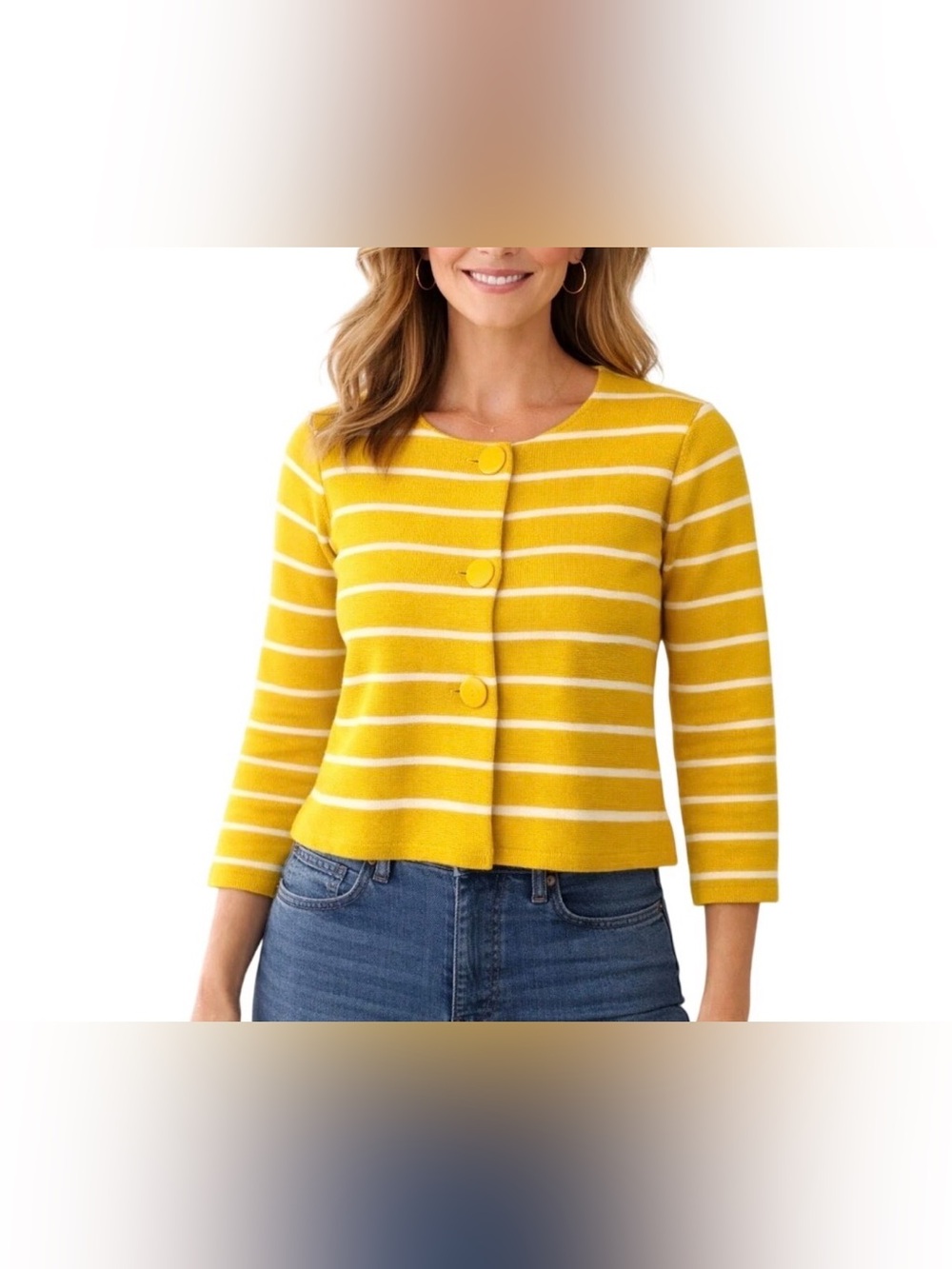 J. Crew Cotton Yellow Striped 3-Button Cardigan Sweater Size Large Casual Chic
